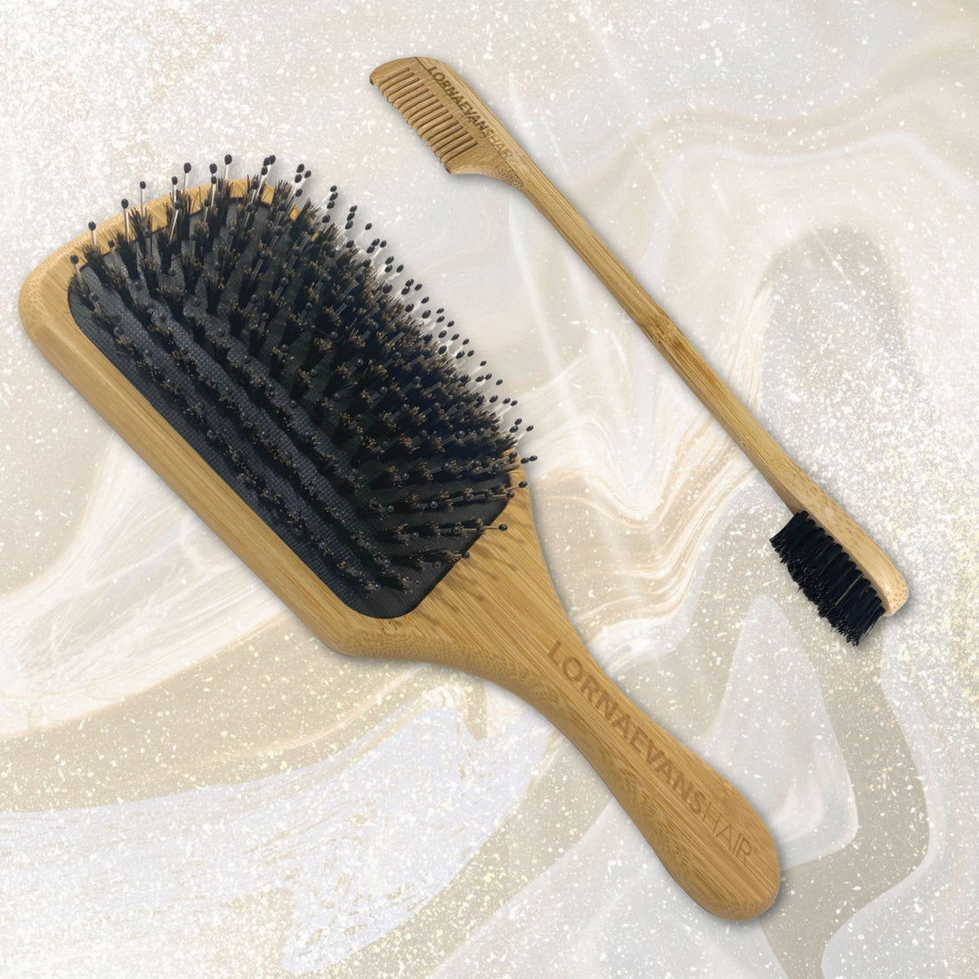 Paddle Brush &amp; Edge Control Brush &amp; Comb Combo - Natural Bamboo Boar Bristle &amp; Nylon With Carry Bag
