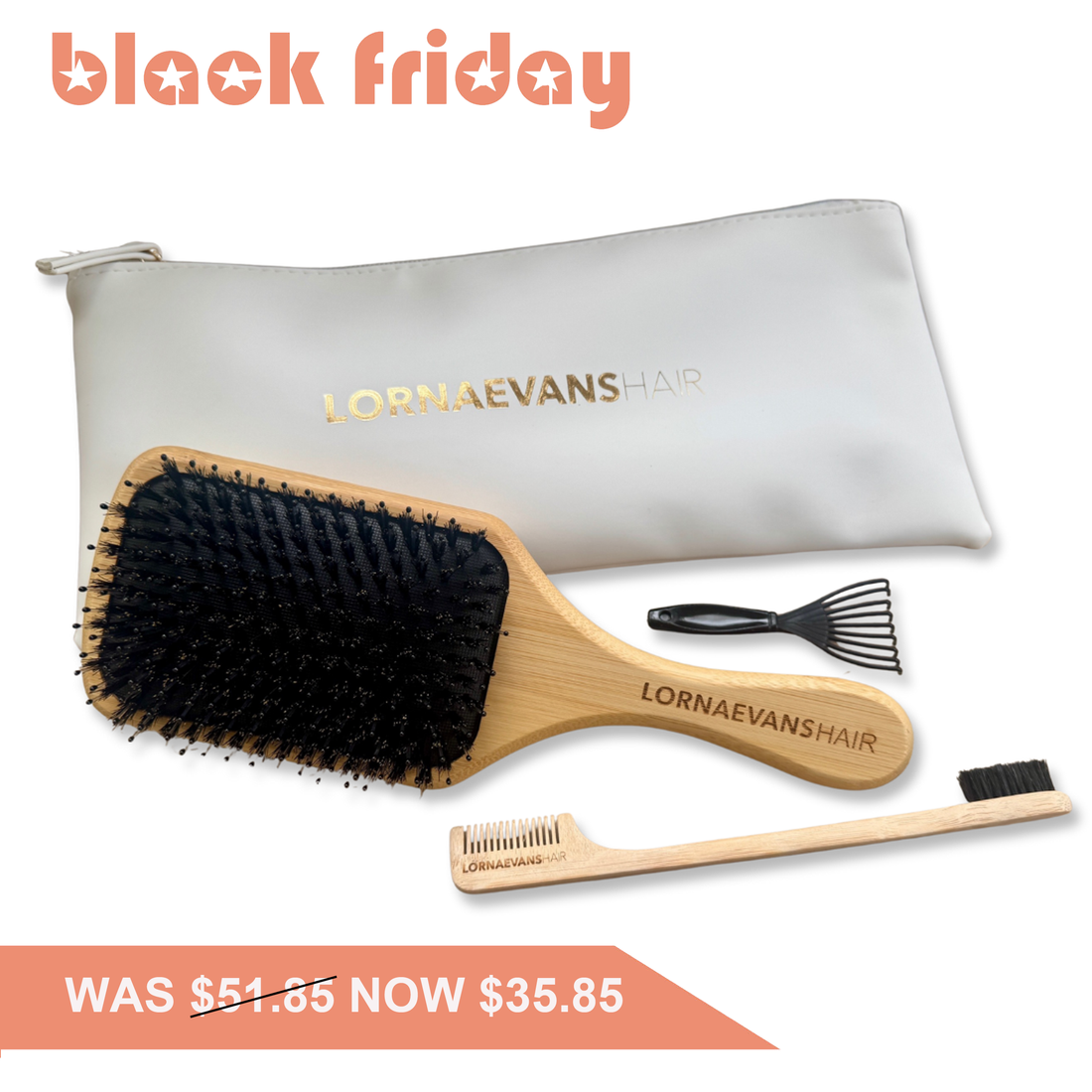 Paddle Brush &amp; Edge Control Brush &amp; Comb Combo - Natural Bamboo Boar Bristle &amp; Nylon With Carry Bag