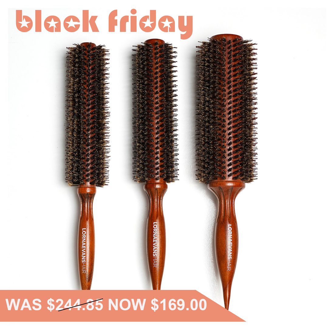 Boar Bristle Brush - Timesaver Brushes - Full Set ( 1 xSmall 1 x Medium 1 x Large )