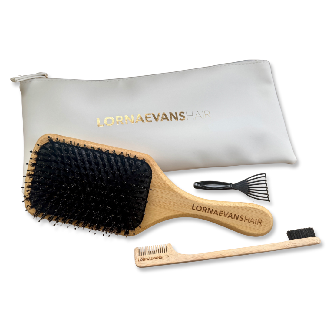 Paddle Brush &amp; Edge Control Brush &amp; Comb Combo - Natural Bamboo Boar Bristle &amp; Nylon With Carry Bag