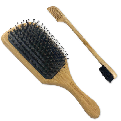 Paddle Brush &amp; Edge Control Brush &amp; Comb Combo - Natural Bamboo Boar Bristle &amp; Nylon With Carry Bag