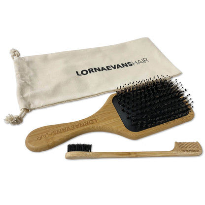 Paddle Brush &amp; Edge Control Brush &amp; Comb Combo - Natural Bamboo Boar Bristle &amp; Nylon With Carry Bag